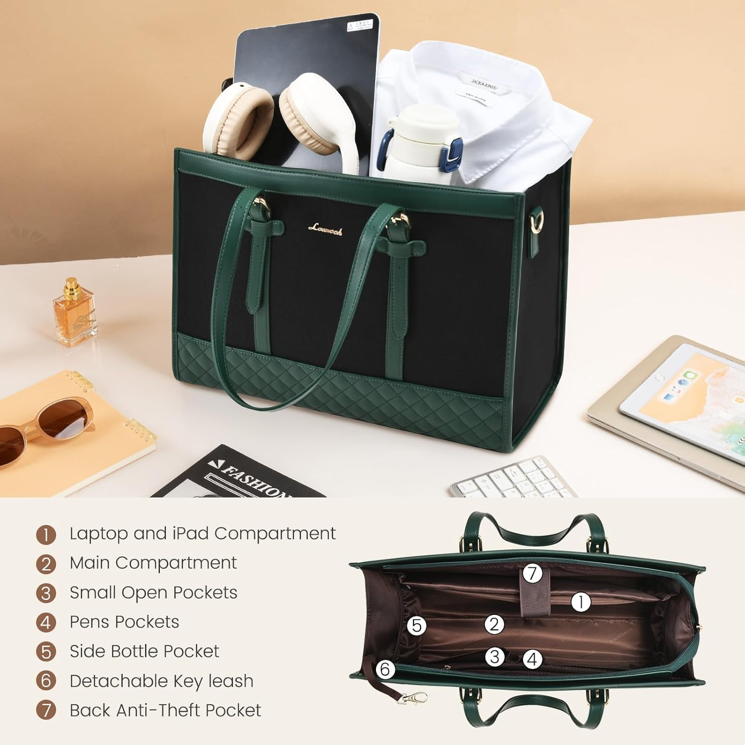 Lovevook Tote Work Bag for Women, Canvas Tote Laptop Bag 15.6" Fashion Large Handbag with Clutch Purse Daily for Office College Teacher Travel