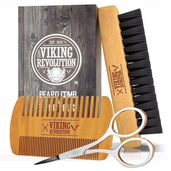 Viking Revolution - Beard Comb & Beard Brush Set for Men - Natural Boar Bristle Brush and Dual Action Pear Wood Comb with Velvet Travel Pouch