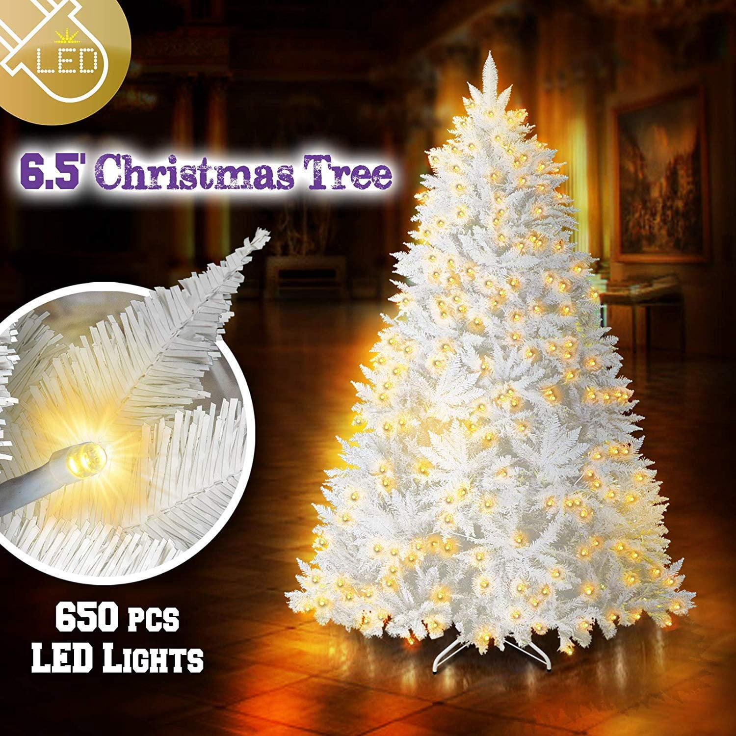 Sunrise 6.5 Artificial Christmas Tree with Metal Stand Full Tree Xmas Holiday (6.5' with 650 Clear Lights and 1880 Tips) White