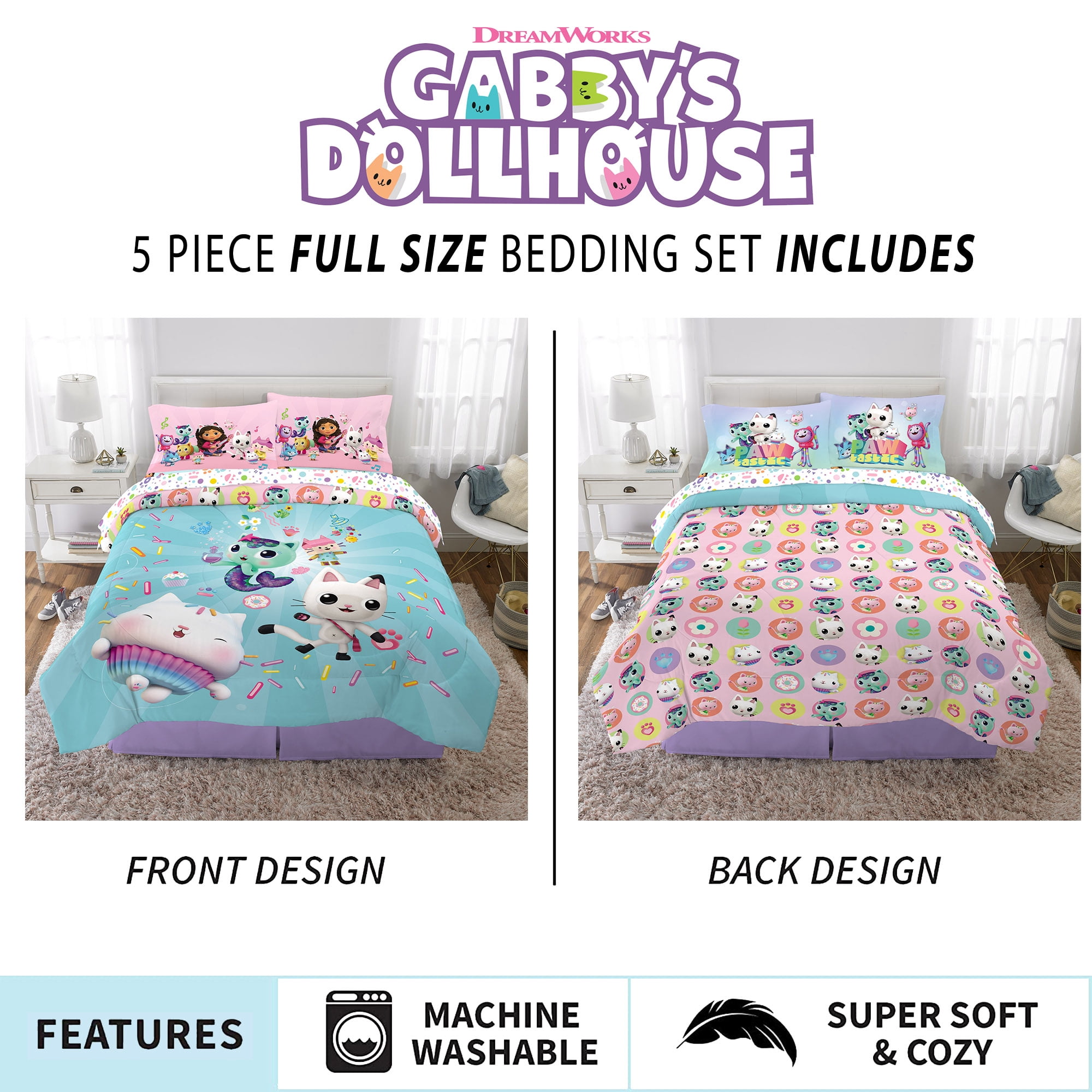Gabby's Dollhouse Kids 5 Piece Teal Blue White Reversible Comforter, Bed in a Bag, Full