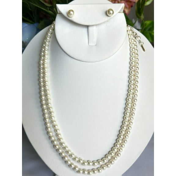 Pierced gold two strand small cream pearl necklace and earring set