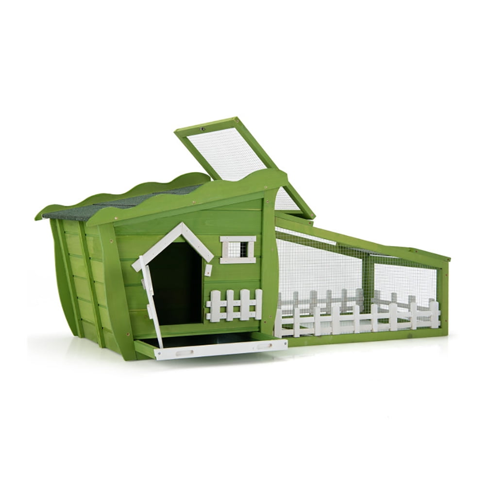 62 Inch Wooden Rabbit Hutch with Pull Out Tray-Green, Rabbit Hutch for Cats, Rabbits, Bunnies, Guinea Pigs