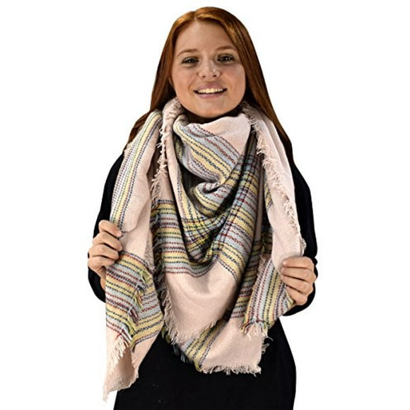 Peach Couture Warm Tartan Plaid Woven Oversized Fringe Scarf Blanket Shawl Wrap Pink