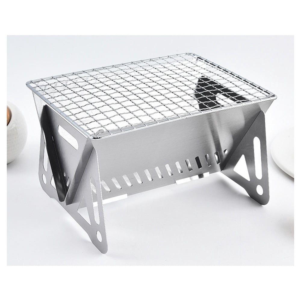 Portable Backpacking Stove with Grill Grid, Folding Stainless Steel Charcoal Grill, Ultralight BBQ Wood Burning Camp Stove for Hiking Picnic Garden Backyard Cooking（small size）