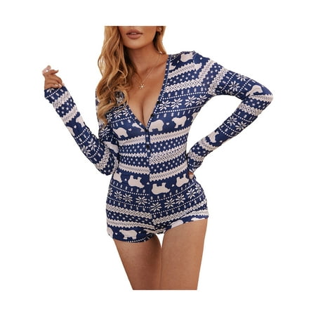 

Womens Christmas Romper Pajamas Onesie Printed Bodycon Jumpsuit Shorts Sexy One Piece Pjs Overall