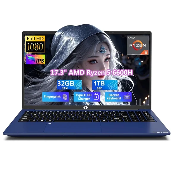 17.3" IPS FHD Gaming Laptop, 6 Cores AMD Ryzen 5 6600H 32GB DDR5 RAM 1TB SSD (Beat i7-1165G7 up to 4.5GHz) 660M 6nm GPU-Computer with 100W Type-C Backlit Keyboard, Fingerprint Win 11 Blue