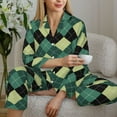 thumbnail image 5 of KLL Green Squares Print Women's Long Sleeve Pajamas with Pants Sleepwear Loungewear 2 Set-Large, 5 of 7