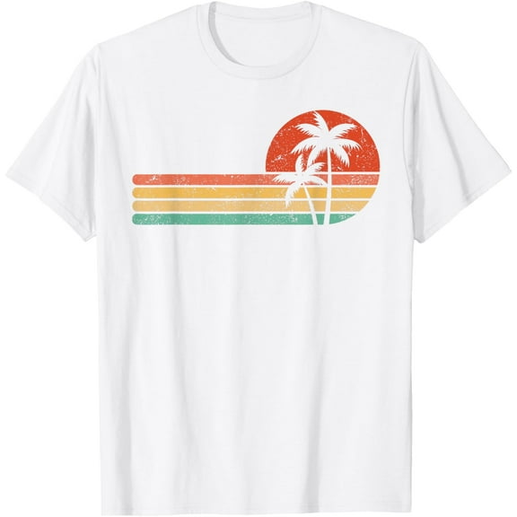 Retro Style Tropical Vintage sunset Beach Palm Tree T-ShirtMen and women, White T-shirt, size: Extra large