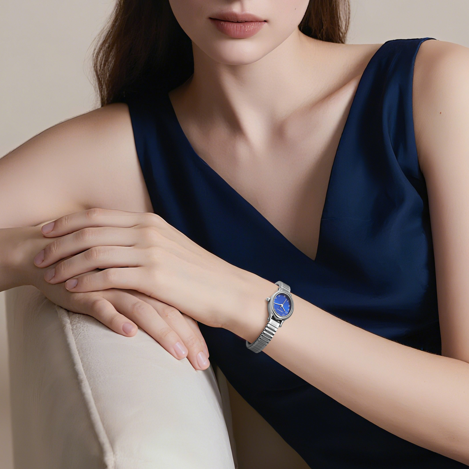 BERNY Small Silver Watches for Women, Dainty Luxury Oval Dial, Expansion Band Watch, Fashion Ladies Analog Quartz Watch, Waterproof Women Wristwatch Gifts, Blue