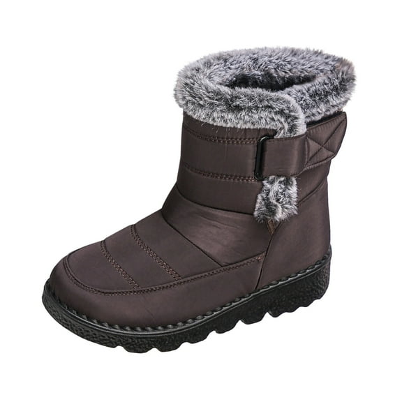Xfvqtps Winter Boots for Women Mid Calf Waterproof Snow Boots with Plush Fleece Lining Slip on Design Adjustable Strap for Outdoor Cold Weather Brown