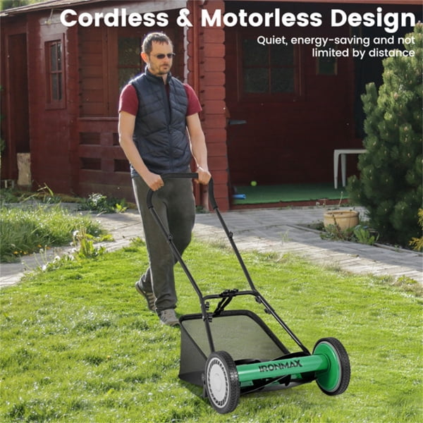 imerelez Manual Lawn Mower, 16 Inch 5-Blade Cordless Manual Reel Lawn Mower with Grass Catcher Bag, Adjustable Cutting Height 1.34-2.52 in, Walk-Behind Lawn Mowers for Yard Garden