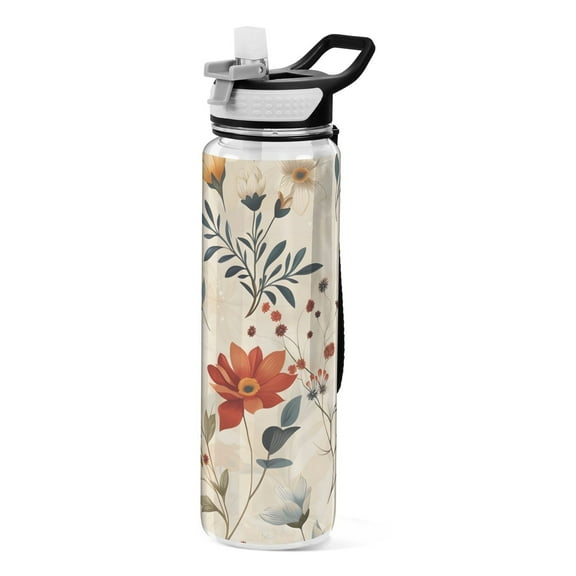 Pretty Flowers and Leaf Sports Water Bottle with Straws 32 Oz Tritan Clear Bottles BPA Free Leakproof Cup for Outdoor School Gym Fitness