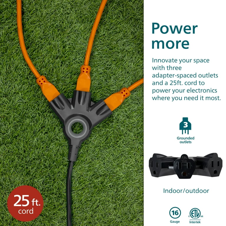 Philips EZGrip 25FT 16 AWG 3-Outlet Extension Cord, Black, Indoor/Outdoor