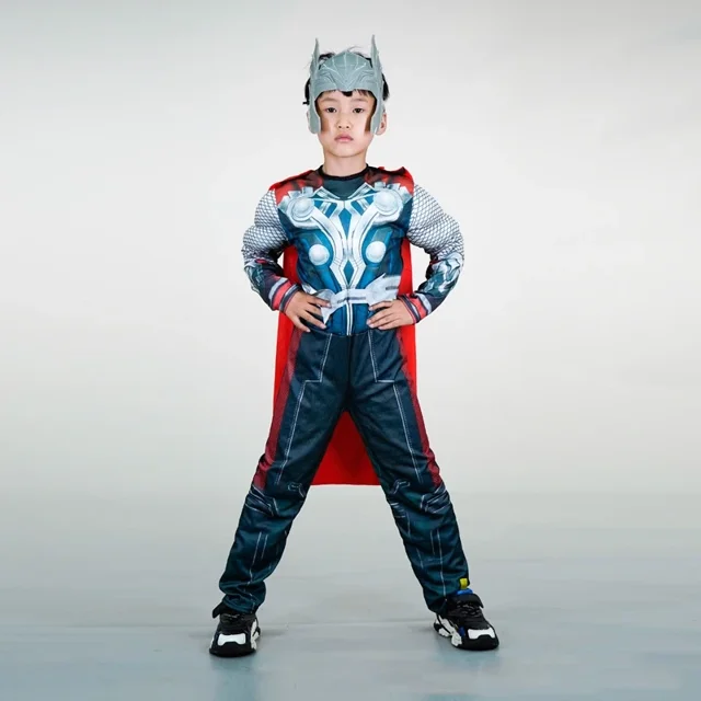 Disfraz de Thor para niños, disfraz de Los Vengadores, traje de superhéroe con músculos de Thor, máscara de martillo, ropa de carnaval para Halloween para niño