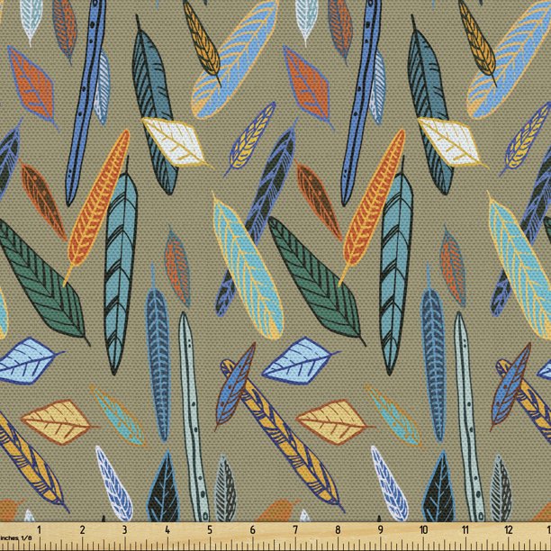 Feather Upholstery Fabric by the Yard, Assortment of Ornamental Plume and Colorful Fuzzy Feather