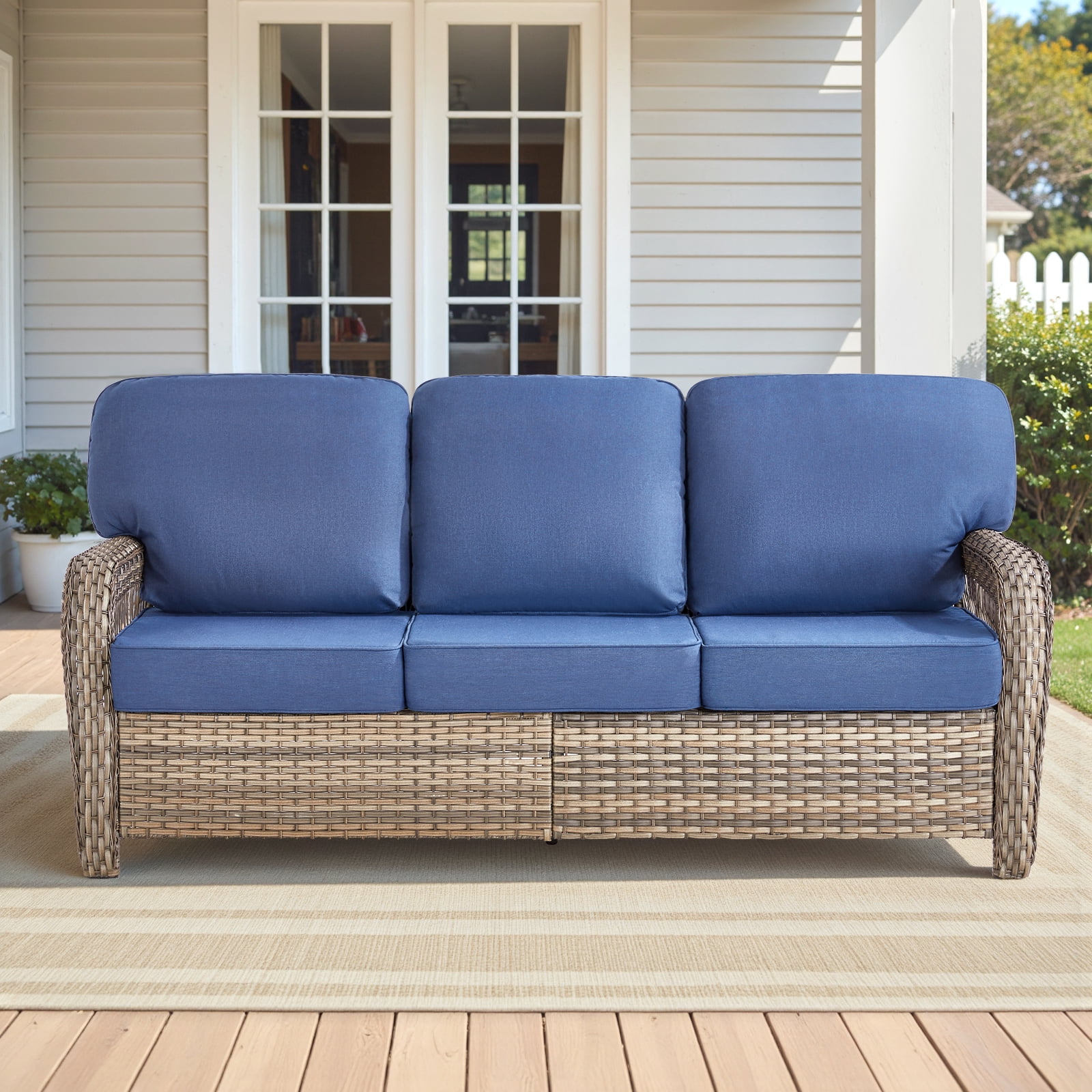 Hommoo 75.2" Outdoor Gray Wicker Patio Sofa with Cushions, Outdoor 2 Seat Patio Furniture Sofa Couch, for Porch or Backyard, Blue