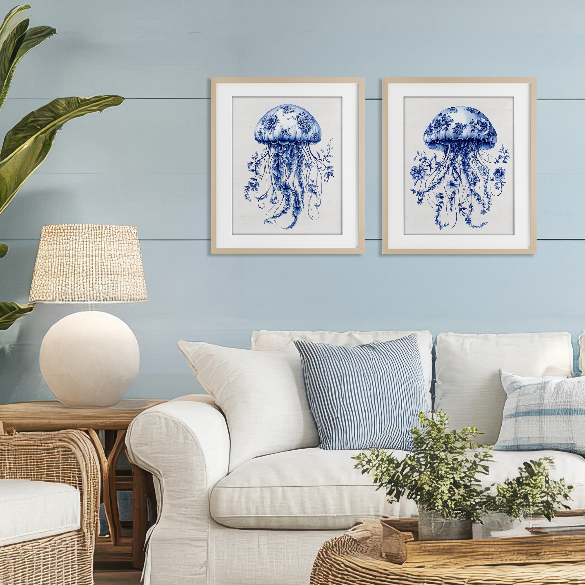 Funky Florals Toile Jellyfish 2 Piece Birch Framed Print Under Glass Set, design by Lettered and Lined