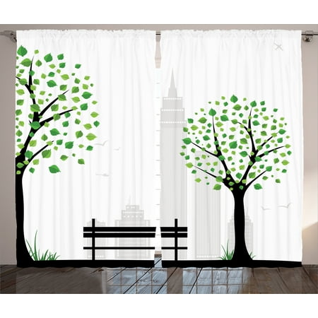 Tree Curtains 2 Panels Set, Minimalist City Figures with Simple Lines and Leaf Patterns Decorative Boho Design, Living Room Bedroom Decor, Green Black, by