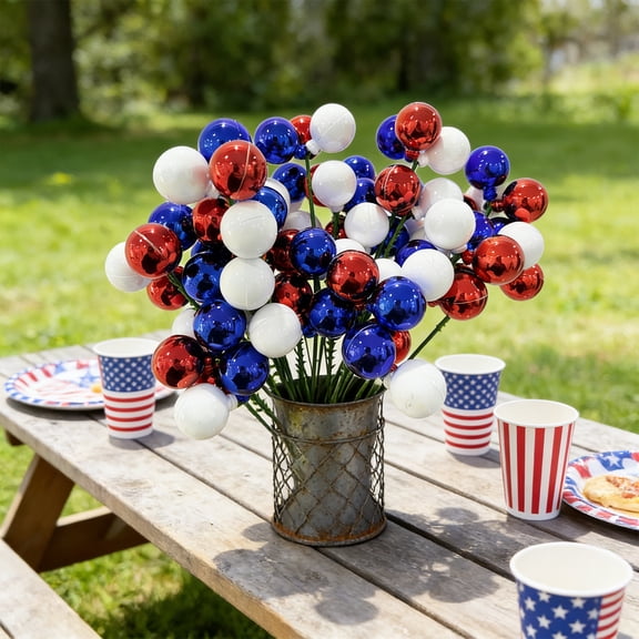 Usloyux Independence Day Decorations, Patriotic Red White Blue Flower Branches, Three Pronged Ball Centerpieces for Festival Party Table Mantle Porch Display, Plastic Patriotic Ornaments