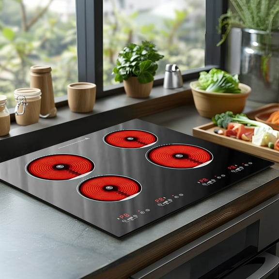 Advwin 4 Burner Electric Stove Top，24 Inch Built-in Electric Stove Top,6000W Electric Ceramic Cooktop with 4H Timer, Kid Safety Lock and Knob Control, 9 Heating Level,220v(No Plug)