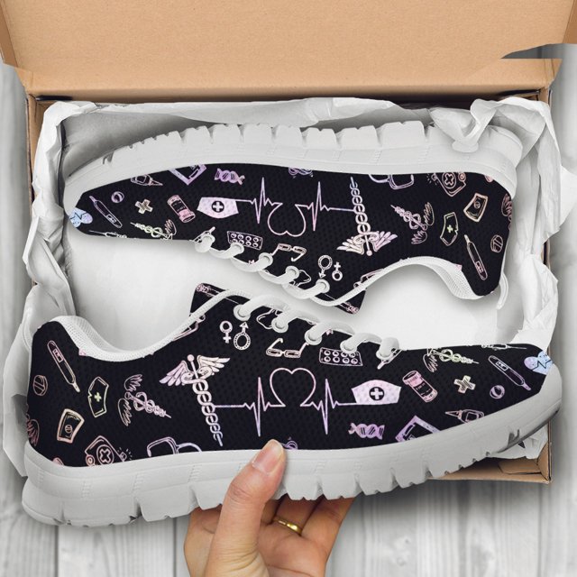 Zapatos planos de malla con cordones para mujer, zapatillas cómodas con estampado de dibujos animados, para correr, para hospital y enfermería