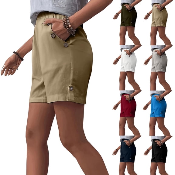 Aboser Khaki Shorts for Women Dressy Casual Chino Shorts Cotton and Linen Lounge Shorts Elastic Waist Work Office Buttom with Pockets
