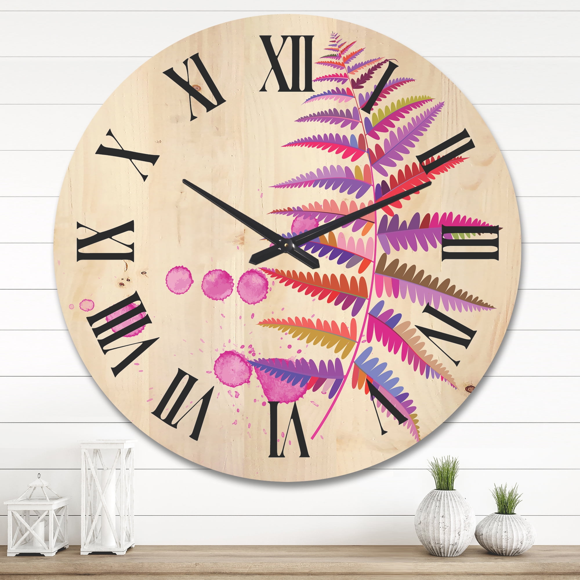 Designart 'Purple Fern With Purple Splash' Farmhouse Wood Wall Clock