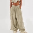 thumbnail image 6 of Womens Casual Loose Fit Wide Leg Cotton Pants Drawstring Stitching Baggy Pants Trousers with Pockets Khaki XXXL, 6 of 10