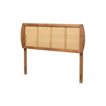Harris Mid-Century Modern Ash Walnut Finished Wood and Synthetic Rattan Queen Size Headboard
