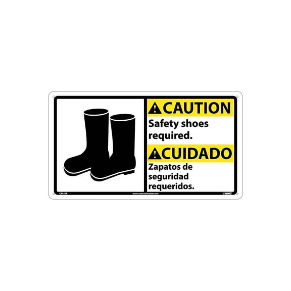 National Marker Caution Signs; Safety Shoes Required (Bilingual W/Graphic) 10X18 Rigid Plastic