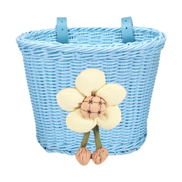 Cesta de bicicleta para niños, cesta delantera tejida, correas ajustables para manillar pequeño Azul