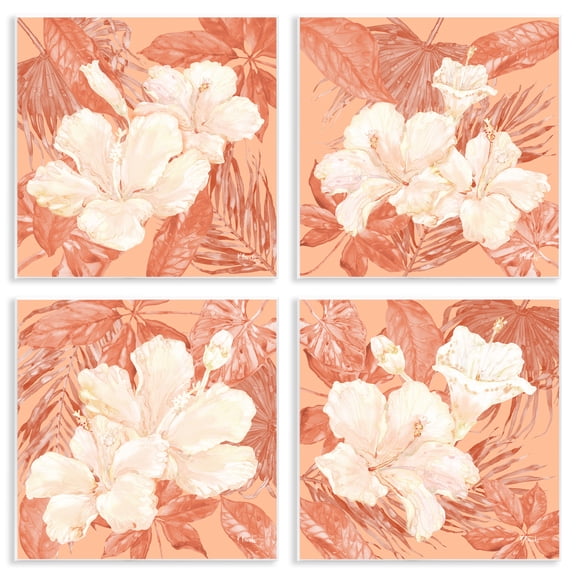 Stupell Industries Peach Hibiscus Flowers Plants & Flowers Painting Unframed Art Print Wall Art, 12 x 12, Set of 4