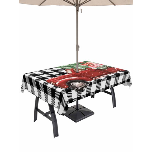 Outdoor Tablecloth with Umbrella Hole and Zipper, Christmas Red Truck Rectangle Table Cloth 60x120 Inch Waterproof Tablecloth, Xmas Tree Bow Farm White Black Plaid Picnic Table Cover for Patio