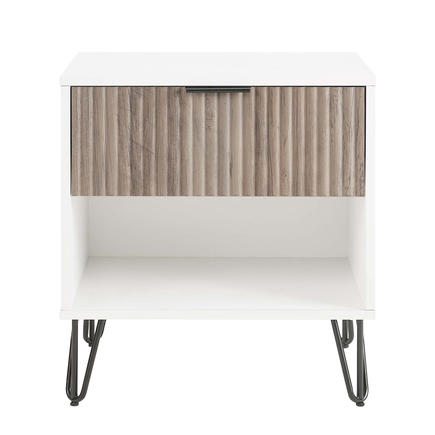 Nightstand, Modern Glam Bedside Table with 1 Drawer, Vertical Ribbed Texture, Gold Handle and Splayed Metal Legs, Storage End Table for Bedroom Living Room, Grey & White