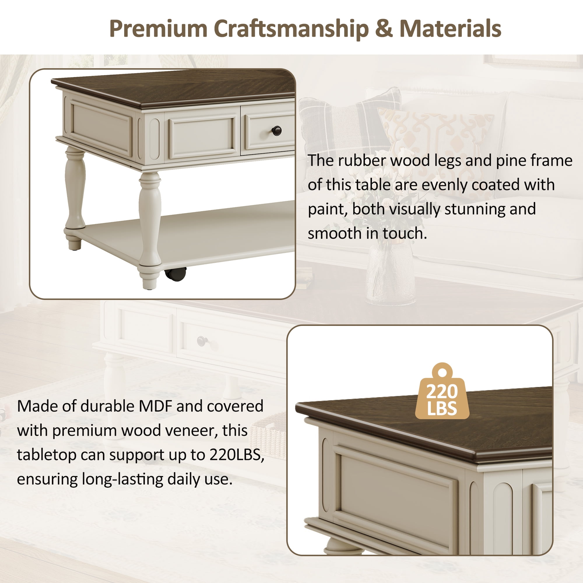 Euroco Farmhouse Coffee Table with One Drawer, Easy Assembly, Retro Movable Rectangular Cocktail Table with Lockable Wheels, Country Style Center Table with Solid Wood Legs