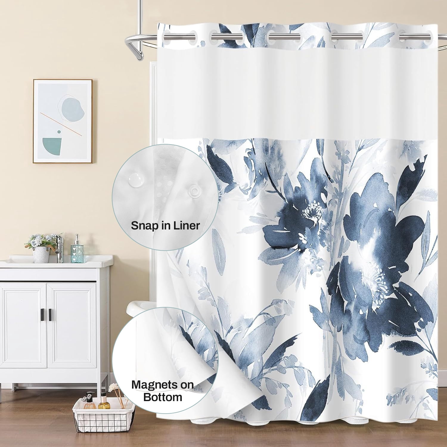 Behome Shower Curtain, Double-layer Waterproof Thick Fabric Shower Curtain, Bath Curtain Set for Bathroom, 71Wx74H, Blue and White