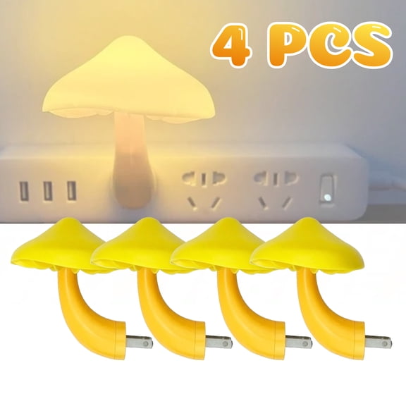 4pcs Sensor LED Mushroom Night Light Plug-in Wall Nightlight for Adults Kids Cute Decor for Bedroom Bathroom Stairs Hallway Warm Yellow