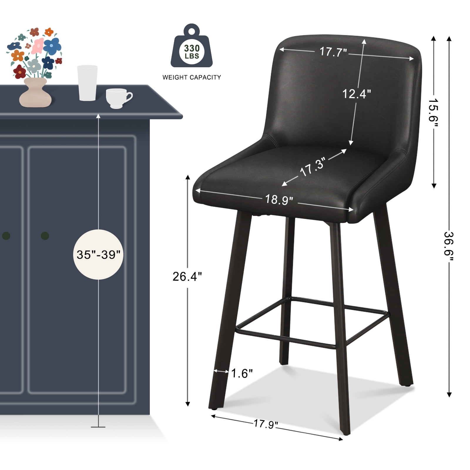 MultiHaven 26.1-Inch Bar Stools Set of 2,Swivel Counter Height Bar Stool with Back & Metal Legs,PU Leather Island Chairs Suitable for Kitchen,Bar,Cafe - Black
