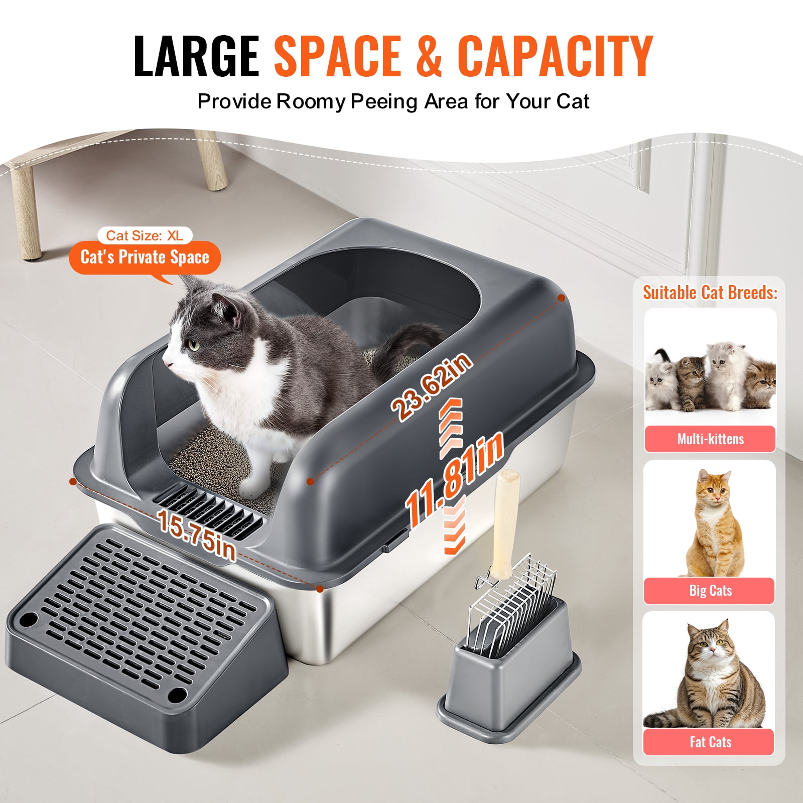 VEVOR Cat Litter Box, 6 inches Deep, XL Extra Large Stainless Steel Cat Litter Box with Scoop, Wide Filtering Foot Board & High Sides, Enclosed Odor-Free Easy-to-Clean Litter Box, Fit for Big Cats