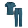thumbnail image 5 of Outfits 2026 Two Piece Lounge Set Women's Summer V-Neck Color Blocked Pocket Top Drawstring Pants Protective Suit Set Dark Blue S, 5 of 6