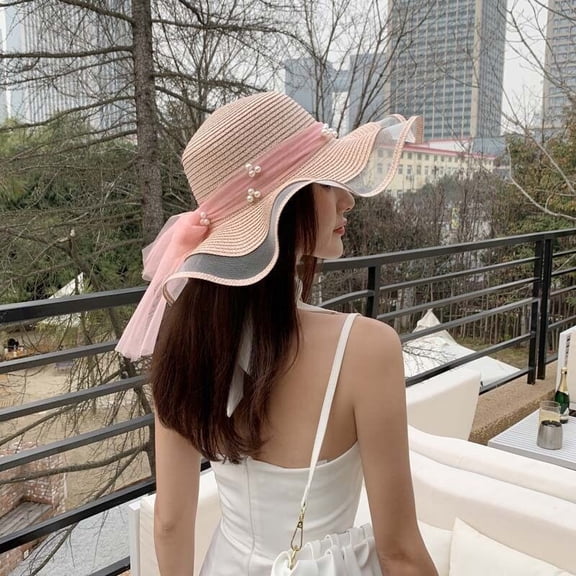 SikaFu Large Eaved Bow Ribbon Beach Hat, Summer Outdoor Sunshade Hat, Wave Grass Hat, Lace Pearl Sun Hat