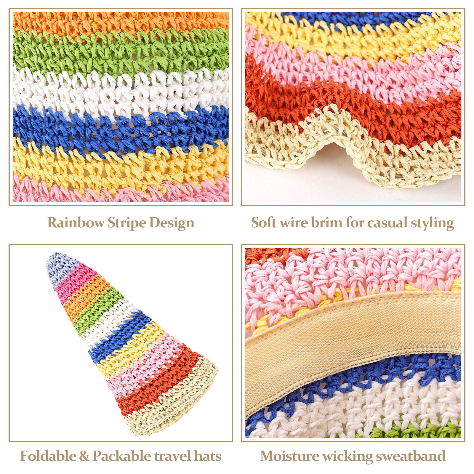 Wowstyle Rainbow Stripe Straw Sun Hat for Women Foldable Wide Brim Crochet Straw Bucket Hat Floppy Hand Woven Fisherman Beach Hat UPF 50+ Beach Travel Pride Accessories , Rainbow