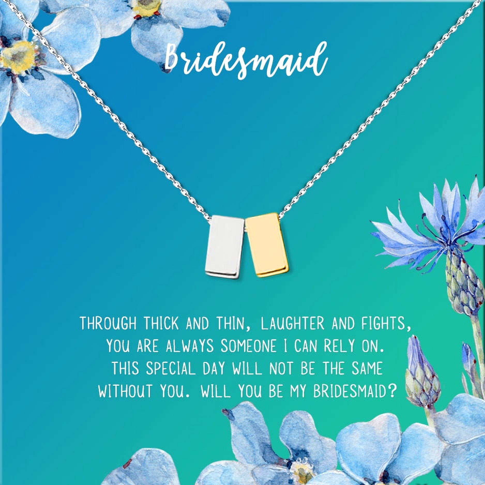 Anavia Bridesmaid Proposal Necklace, Will You Be My Bridesmaid, Bridal Party Gift Card Jewelry Necklace-[Silver and Gold Double Cube, Bright Blue Gift Card]