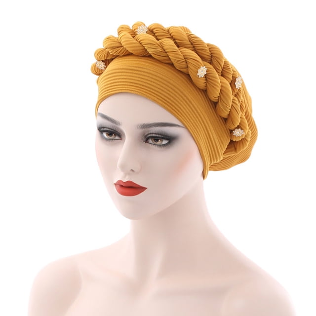 Fashion Women Beading Braid Hat Muslim Ruffle Cancer Wrap Cap Sleep Caps Satin Lined Hair Bonnets
