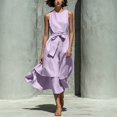 thumbnail image 4 of NTACZA Womens Dresses Summer A-Line Cotton Lien Maxi Sleeveless Flowy Round Neck Front Tie Vacation Casual Ruched Waist Beach Purple XXXL, 4 of 7