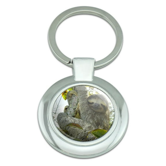 Sloth Pygmy in Tree Classy Round Chrome Plated Metal Keychain