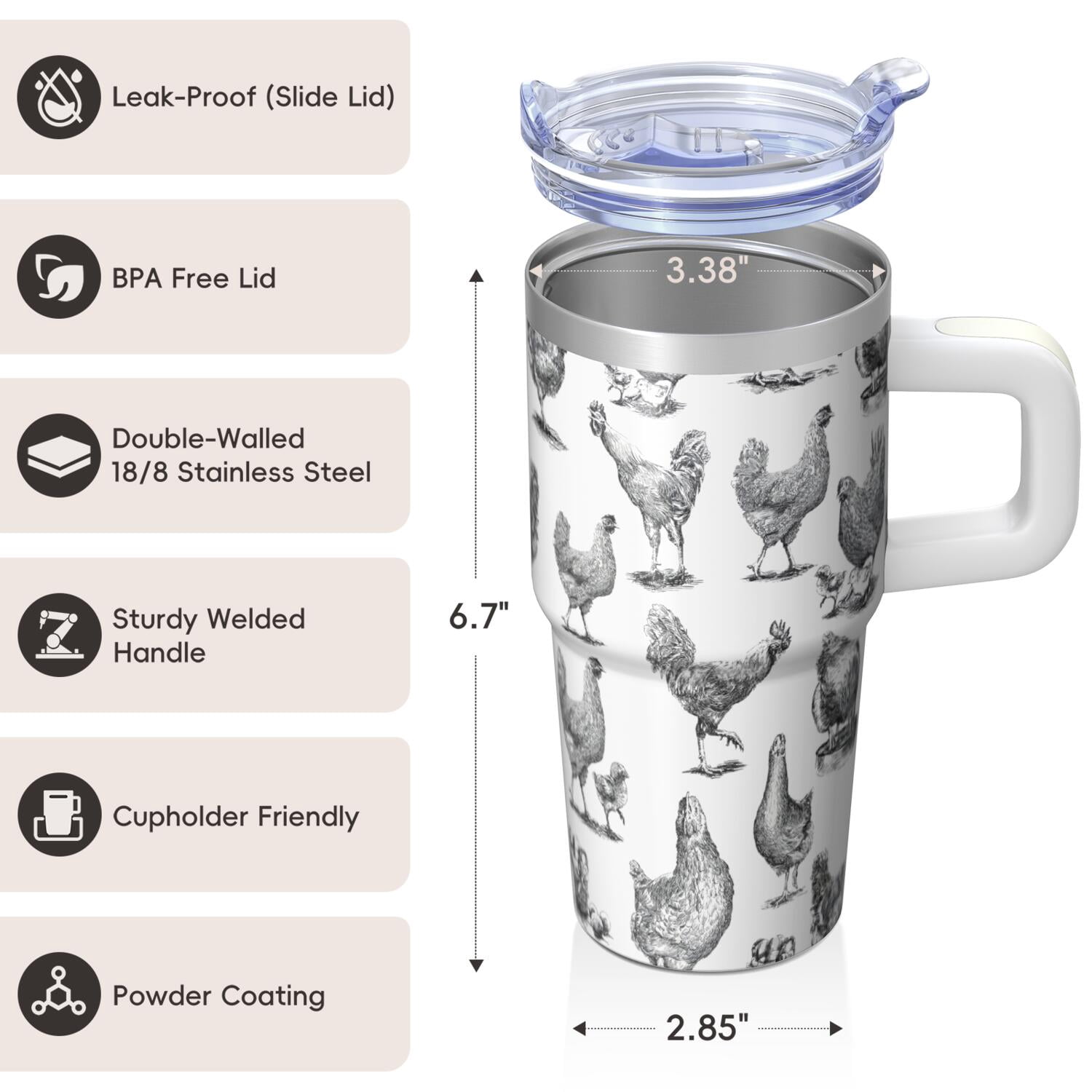 20oz Rustic Chicken Tumbler with Handle Insulated Travel Mug Playful Birthday Christmas Gift for Chicken Lovers Women Men Fits Standard Cup Holders Comfortable Handle Easy to Carry Office Home