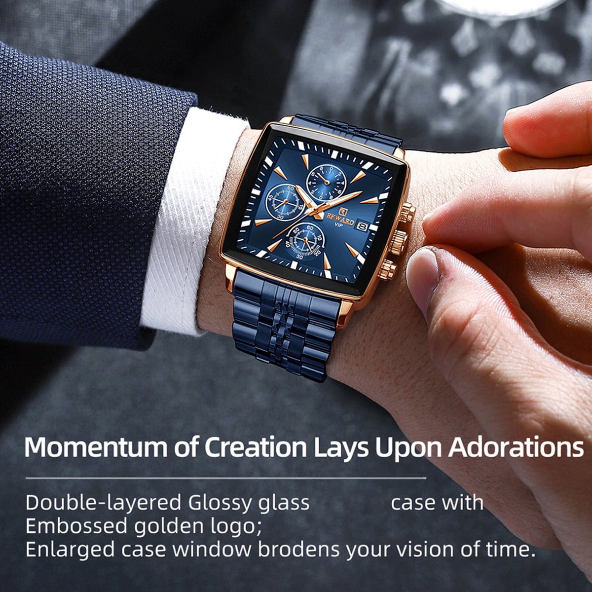 Square Watches for Men Blue Stainless Steel Chronograph Fashion Business Watch Luminous Waterproof Casual Wrist Watches