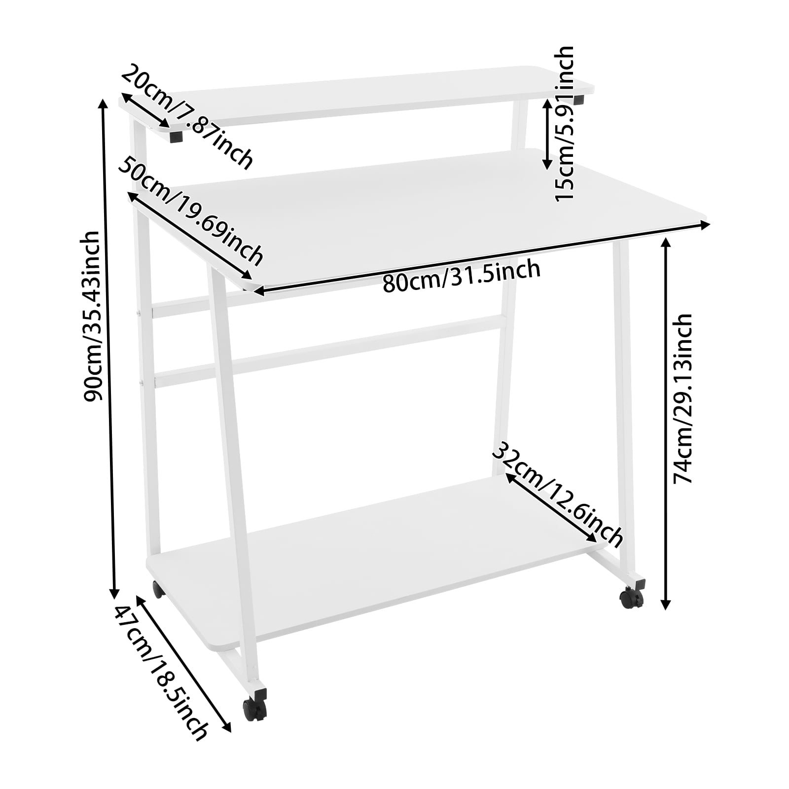 Free Standing Home Office Desk, Rolling 3-Tier Computer Desk (White)