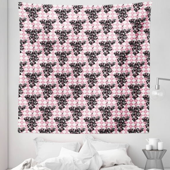 Grapes Tapestry, Sketchy Fruit Drawn by Hand on a Background of Squares, Fabric Wall Hanging Decor for Bedroom Living Room Dorm, 5 Sizes, Pink Grey, by Ambesonne